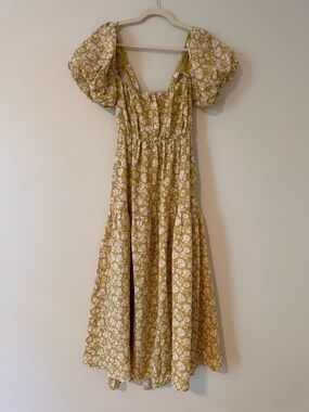 ASTR The Label Floral Midi Dress Green Pink Puff Sleeve Tie Back Size Large